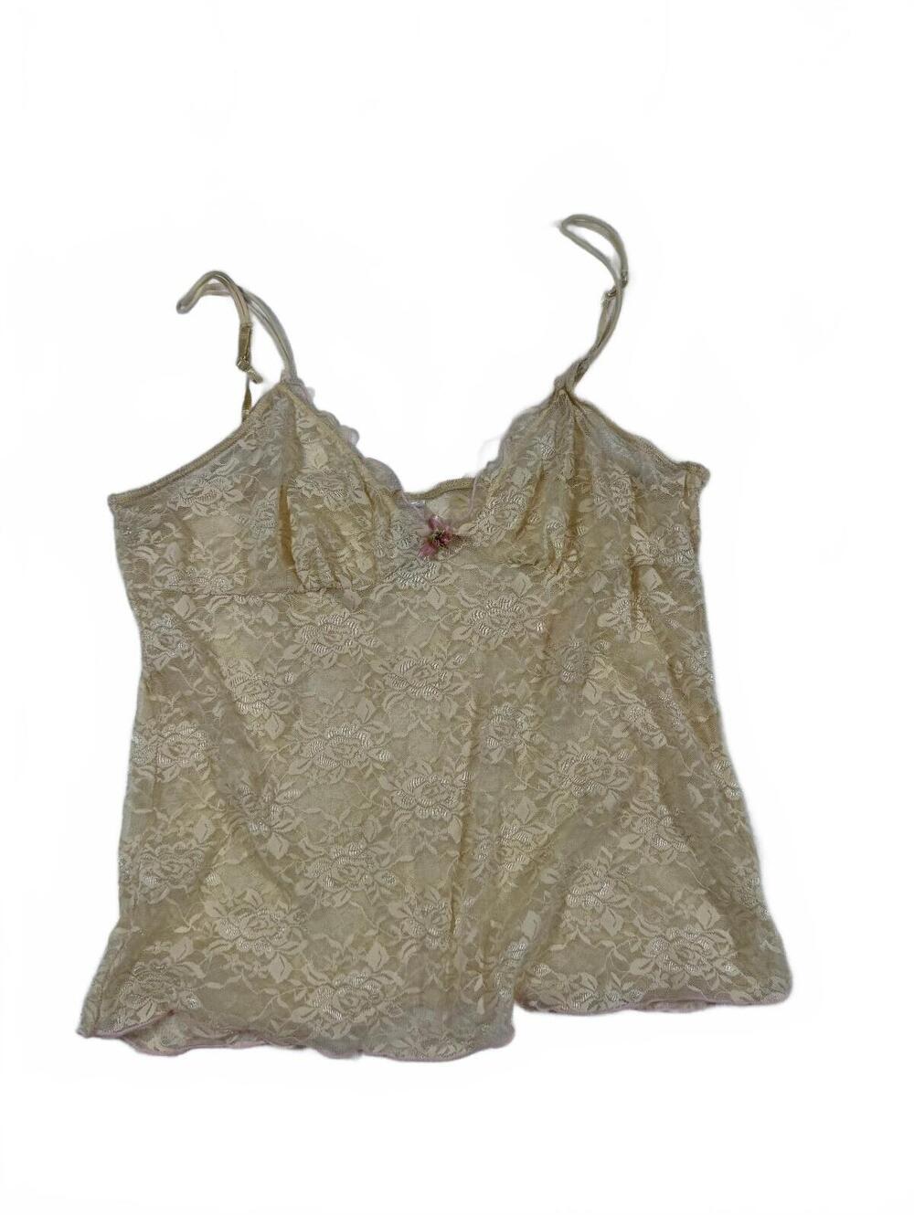 Women's Delicates Nude Sheer Lace Babydoll Cami With Pink Rosette Size L
